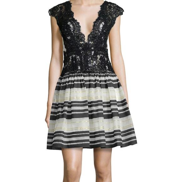 MARCHESA NOTTE Cap-Sleeve Lace-Top Striped Cocktail Dress black